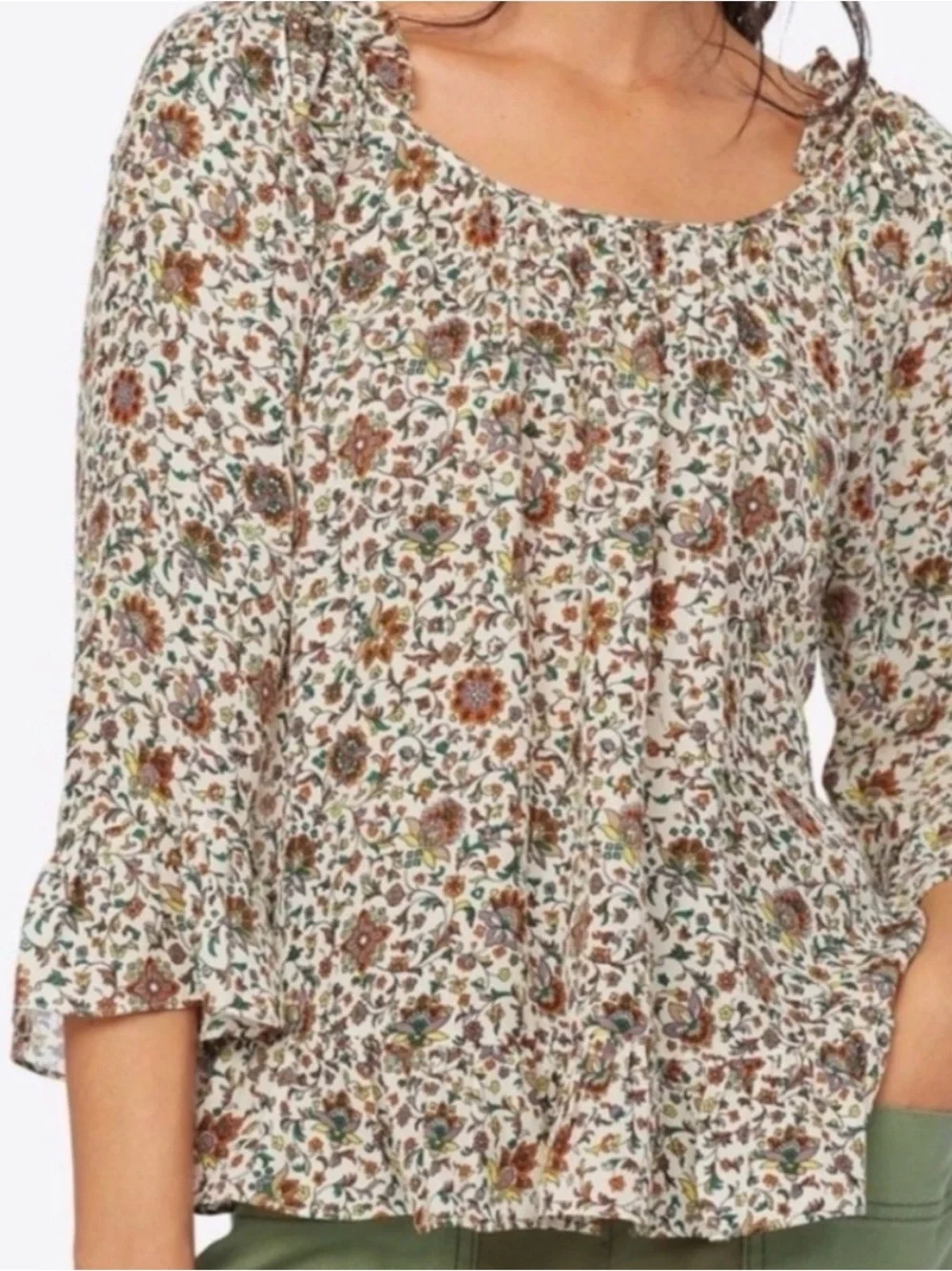 Tory Burch 100% Silk Botanical Woodblock Print Peasant Blouse Size 8 Boho Chic
